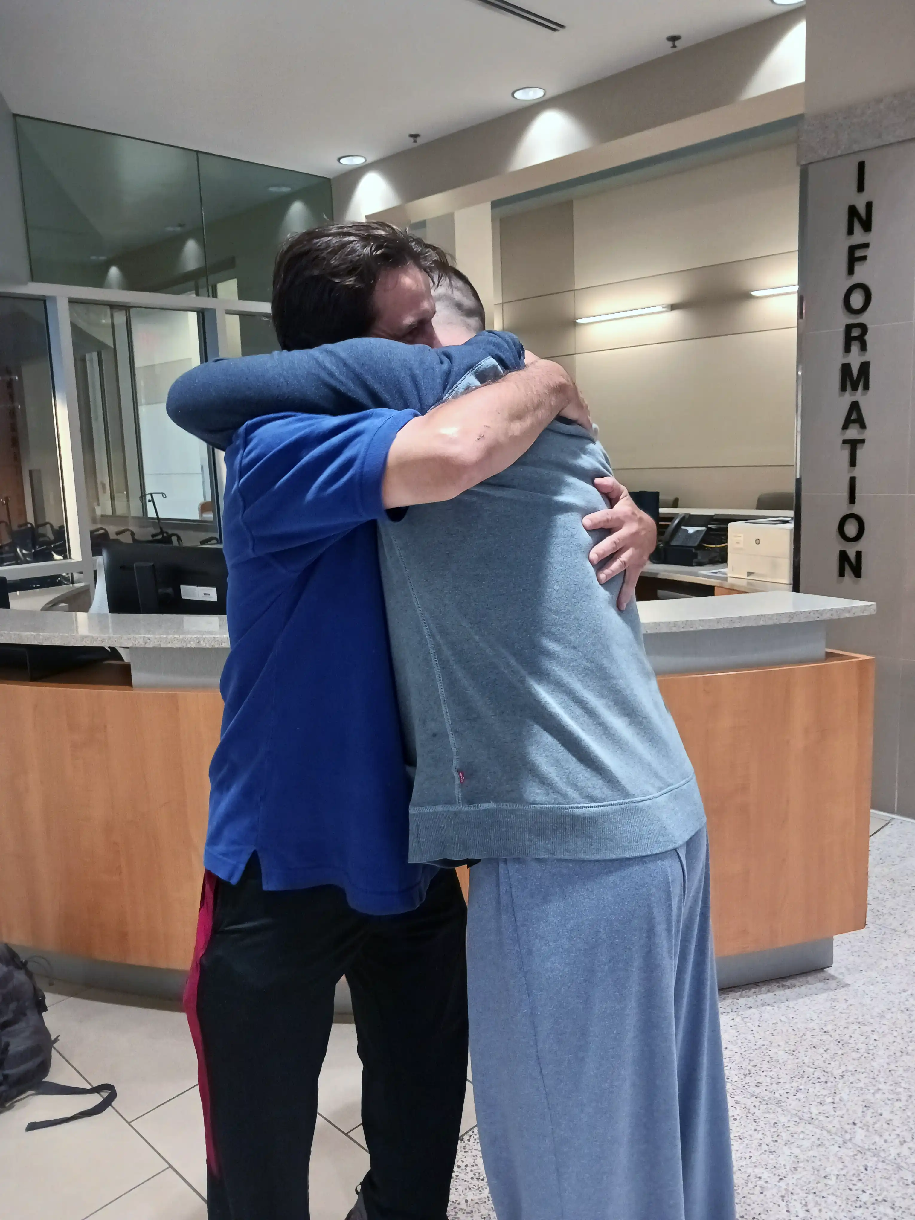 Two Veteran brothers, hugs, at the VA Hospital Harry S. Truman, MO, USA 2024.